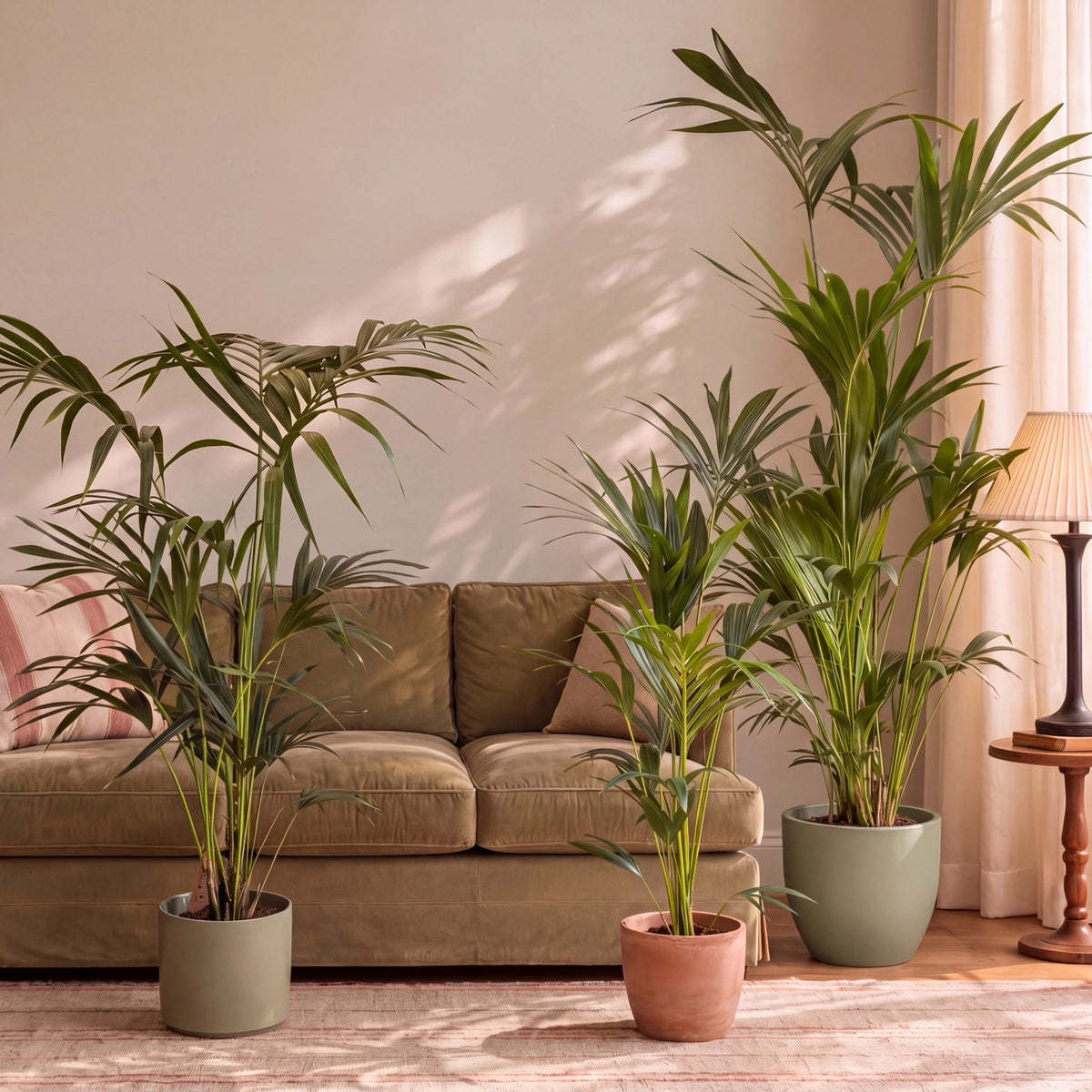 Kentia palms in decorative pots in a living room