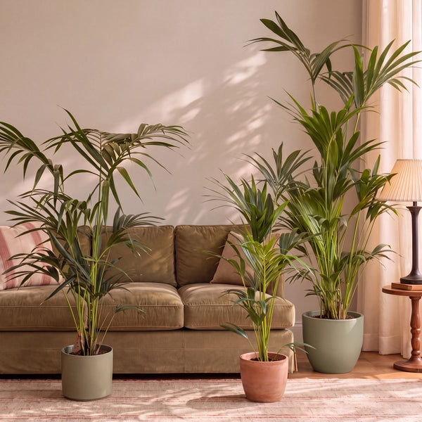 Kentia palms in decorative pots in a living room