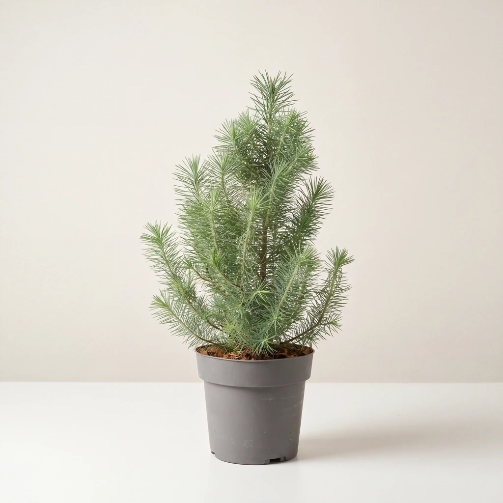 Festive Pine in grey nursery pot, studio photograph