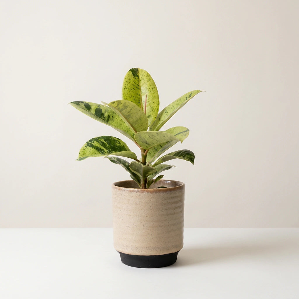 Ficus Elastica Shivereana with variegated green foliage in cream ceramic pot