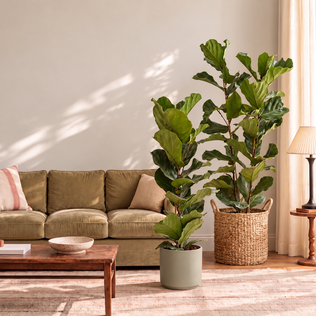 Two Fiddle Leaf Fig plants in a styled living room