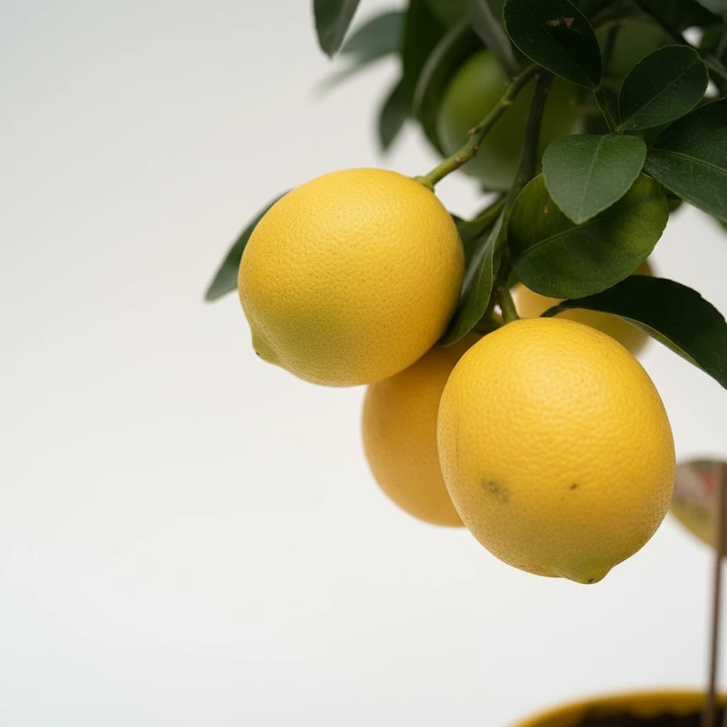 Close-up of ripe lemons and green citrus leaves