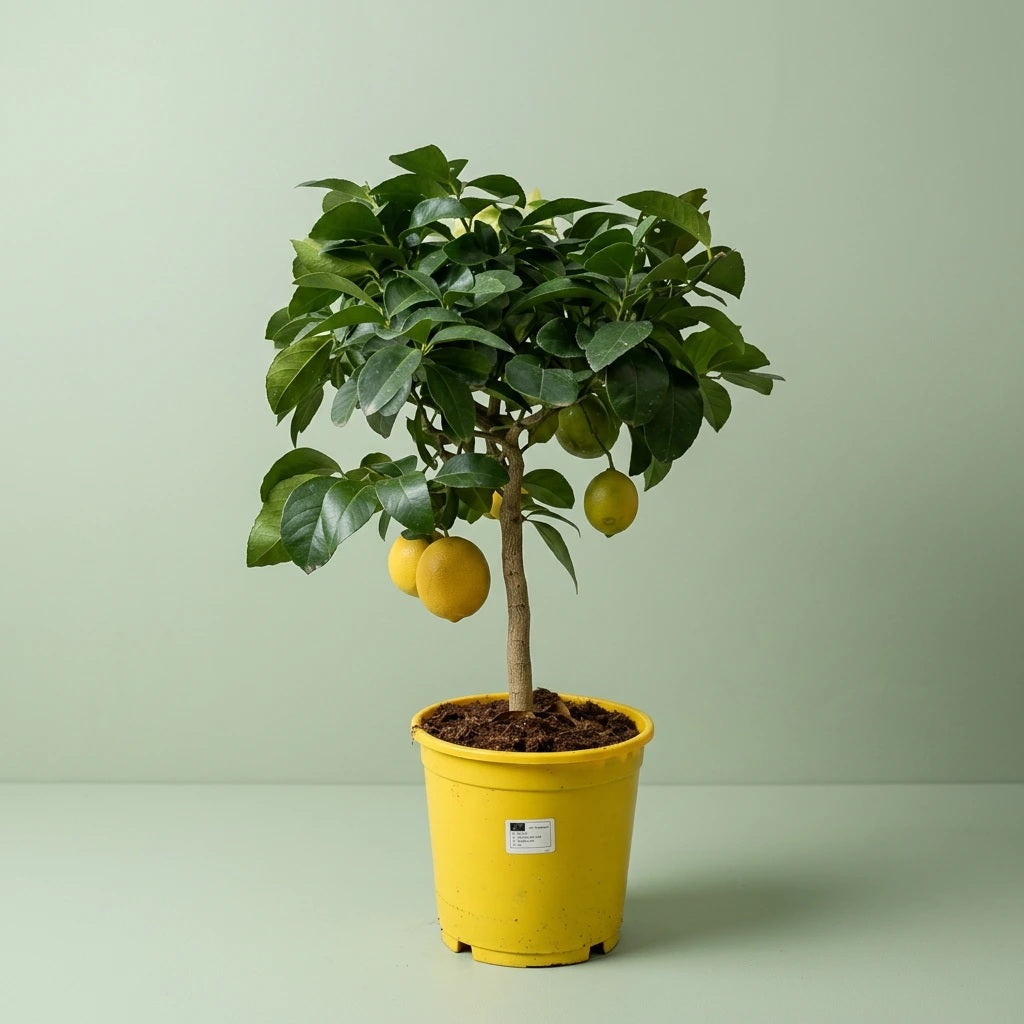 Lemon tree shown in its yellow nursery pot