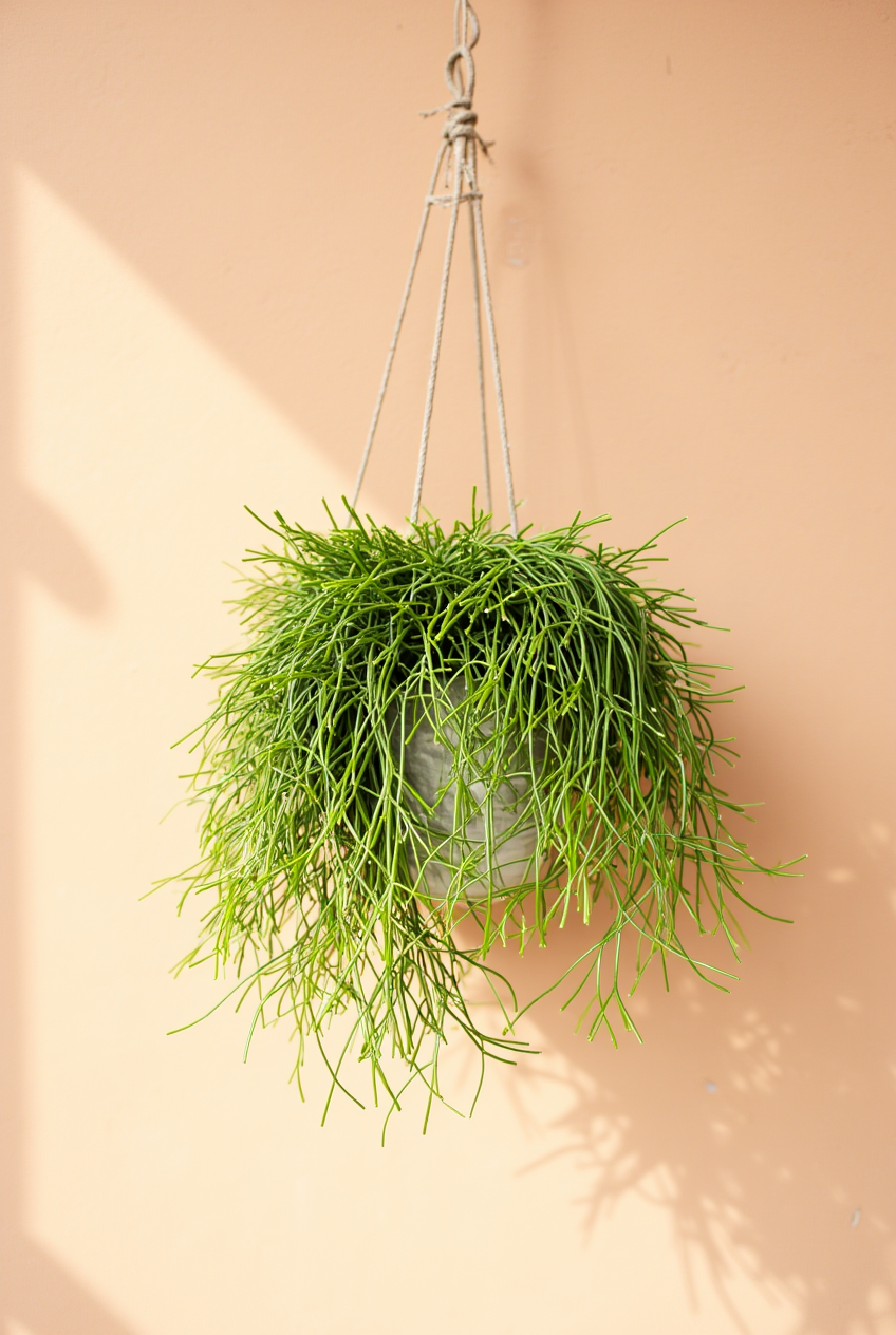 Mistletoe cactus trailing from a grey pot suspended by cords
