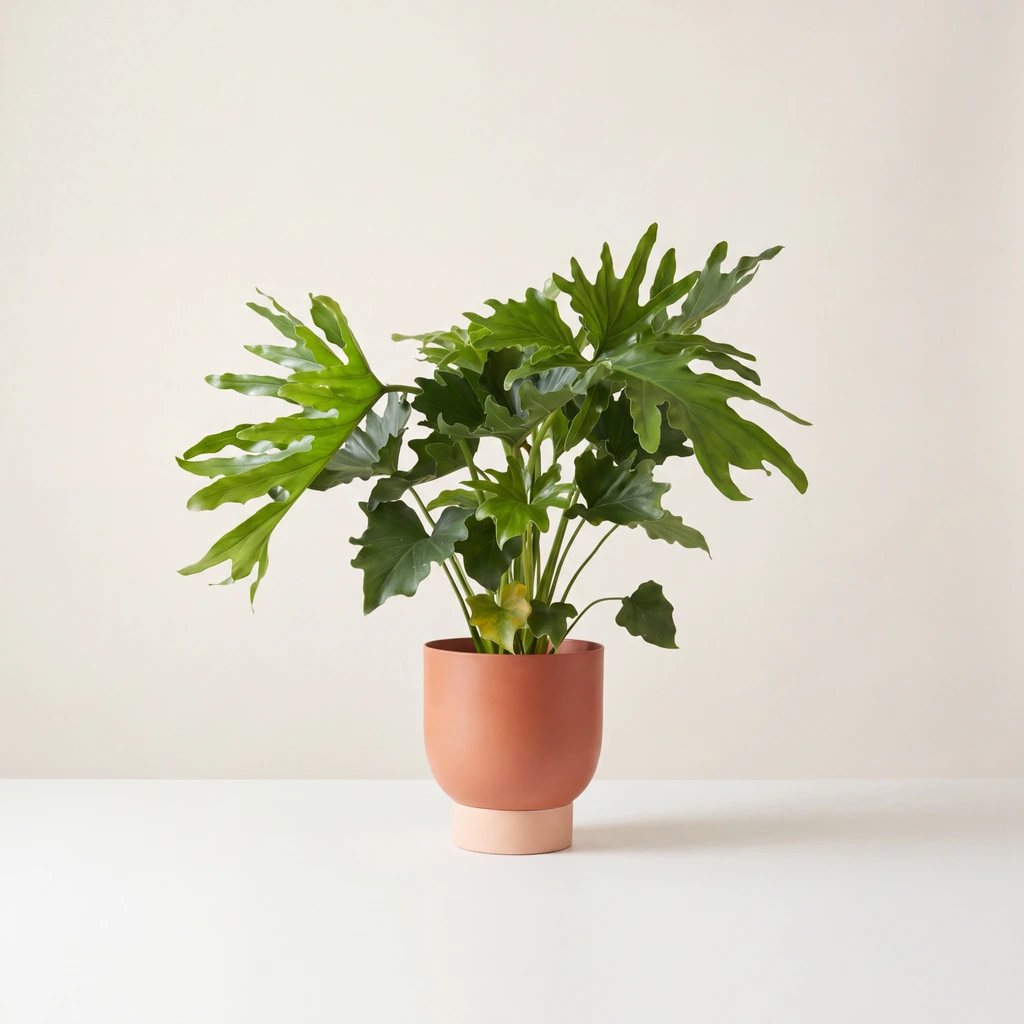 Split leaf philodendron styled in an orange ceramic pot
